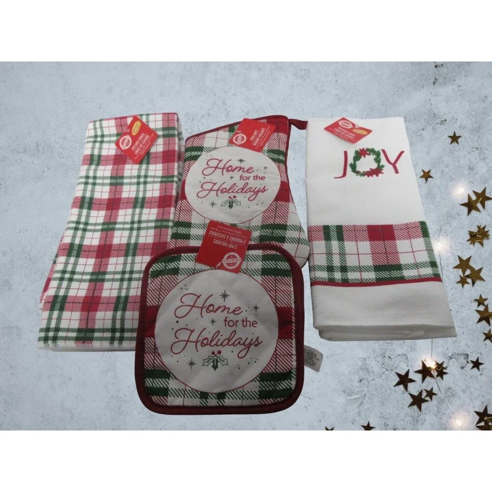 5 pc kitchen towel set (2 Kitchen Towels 1 Oven Mitt 2 Potholders Home for Holid